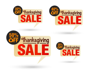 Thanksgiving day sale tag speech bubble set. Sale 20%, 30%, 40%, 50% off discount