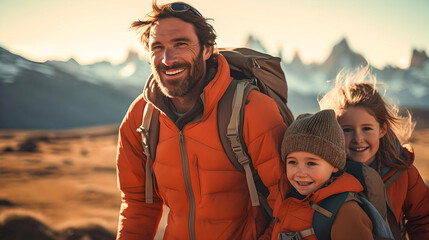 father with his daughters, trekking in the mountains in Bariloche, Argentine Patagonia, traveling through Latin America, family time