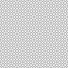 Repeated black polygons on white background. Symmetric geometric figures wallpaper. Seamless surface pattern design with pentagons and squares. Tiles motif. Digital paper for textile print. Vector art