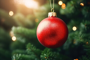 close-up of a red Christmas ball on a green fluffy branch of a Christmas tree, generative ai 