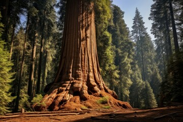 Massive Giant sequoia tree. Green forest nature. Generate Ai