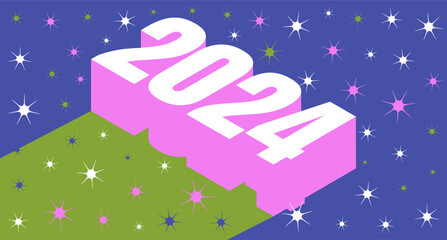 2024 typography banner retro design concept. Holidays poster isometric style. Happy new year 2024