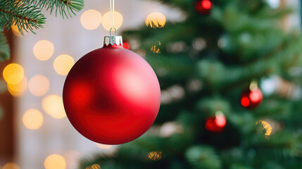 close-up of a red Christmas ball on a green fluffy branch of a Christmas tree, generative ai 