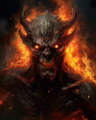 demon on fire, showing his eyes and face, generative ai 