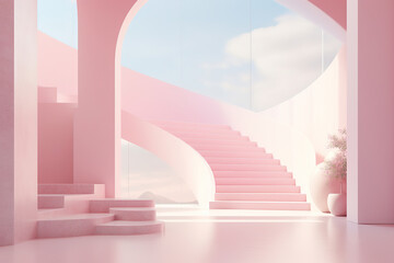 Minimal and Surreal Architecture, pink color palette, generative ai 