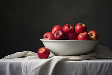 white bowl of apples sits on top of a table, still life, generative ai  - obrazy, fototapety, plakaty