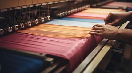 Fabric production, fabric and garment factory, loom weaving close-up.  - obrazy, fototapety, plakaty