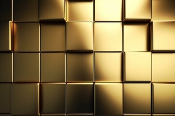 Luxurious, 3D gold square wall with polished tile wallpaper background. Generative AI - obrazy, fototapety, plakaty