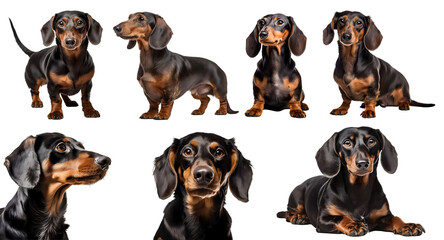 Dachshund dog puppy, many angles and view portrait side back head shot isolated on transparent background cutout, PNG file