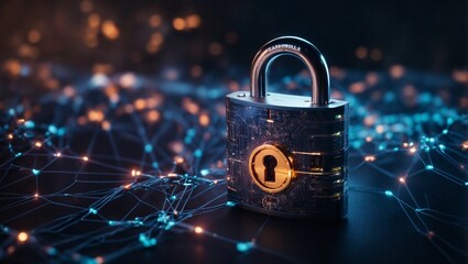  cyber security with an image of a virtual padlock safeguarding a complex network of interconnected nodes. 