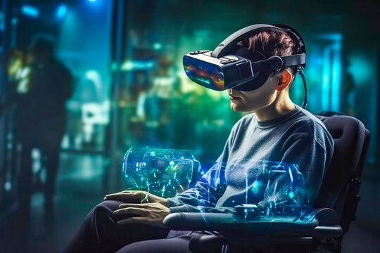 Disabled man in wheelchair in vr glasses, playng game with virtual reality headset - Powered by Adobe
