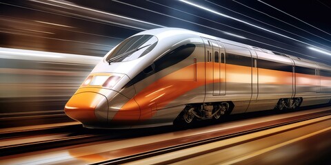 Naklejka premium High Speed ​​Train with flashes of light.clouds. Generative AI