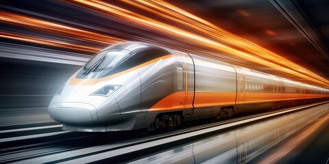 Fototapeta premium High Speed ​​Train with flashes of light.clouds. Generative AI