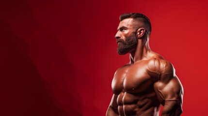 Fototapeta na wymiar Male bodybuilder on anabolic steroids infront of clean red background