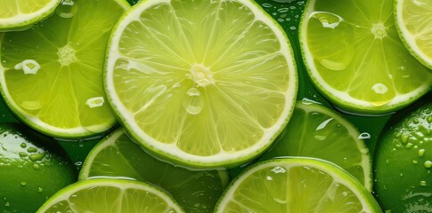 Background of arrangement of fresh green lemon slices. Generative AI