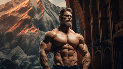 Fototapeta na wymiar Male bodybuilder on anabolic steroids infront of a nordic background