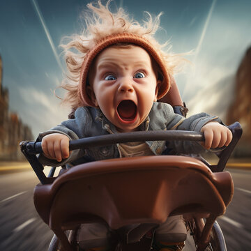 Baby Boy Acting Wild in His Carriage, Touring the Town & Yelling - Humorous Snapshot of Animated Infant Adventures.