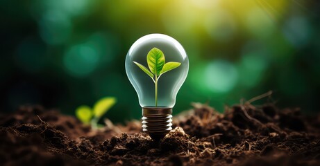 Light bulb in nature with renewable energy concept. Renewable energy sources, Ecology. Generative AI