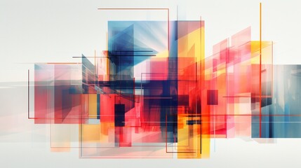 a minimalist abstract scene with intersecting transparent layers and vibrant accents.