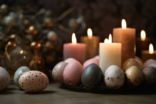 A candle is lit among eggs decorations on a table with more decorated eggs in the background, against a dark background. Generative AI