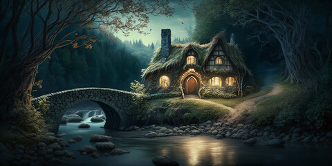 Fairy house near bridge, dreamy fairy woodland. Generative AI
