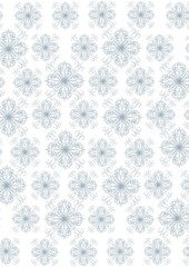 Many symmetrical identical gray patterns of different sizes in the form of snowflakes with curls and points on a white background, close-up. Illustration. Ornament.