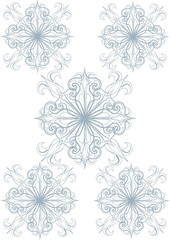 Five symmetrical identical gray patterns in the form of snowflakes with curls and points on a white background, close-up. The snowflake in the middle is larger than the other four. Illustration.