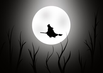 Black outline of a witch flying on a broom against the backdrop of a luminous moon in the black sky...
