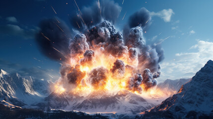 Fiery explosion amidst snowy mountains.