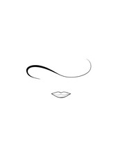 Black outline of a woman's white lips and the wavy edge of a woman's hat on a white background, close-up, front view. Graphic illustration. Icon. Logo.