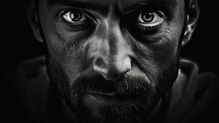 Intense man's gaze in monochrome close-up. - obrazy, fototapety, plakaty