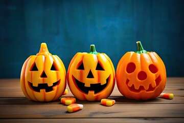 three orange halloween jack o lanterns with candy corn on a wooden background Generative AI