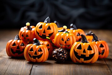 halloween candy in orange pumpkins on a wooden table Generative AI