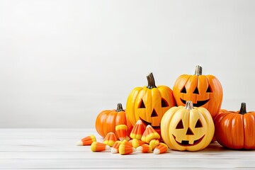 halloween pumpkins with candy corn on white wooden table Generative AI