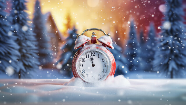 New Year And Chrismas Time. Snowy Countdown Clock - Happ New Year, Winter Concept Panorama.