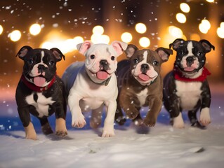 Adorable puppies in a winter landscape with festive lights