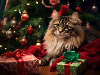 Christmas cat surrounded by gifts
