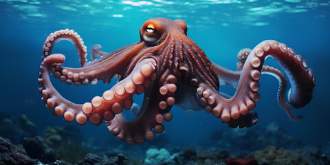 An octopus in the water with a yellow eye, Colorful octopus in the water generative ai