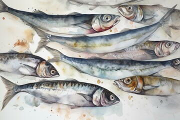 Hand-painted watercolor of sardines. Generative AI