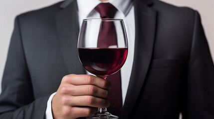 Vigneron ou &oelig;nologue avec un zoom sur le verre de vin, homme en tenue raffin&eacute;e avec costume et cravate