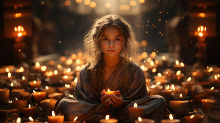 Obraz na płótnie Canvas serene scene features a cute girl meditating within a Buddhist temple, with a burning candle adding to the tranquil ambiance. This image represents inner peace and spiritual reflection.