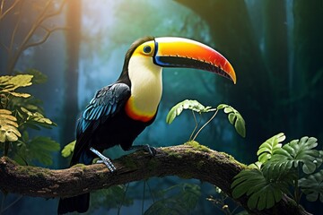 Fototapeta premium Toucan in the tropics. A bird sits on a tree branch against a background of nature.