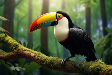 Fototapeta premium Toucan bird on a branch. Tropical colorful background. 