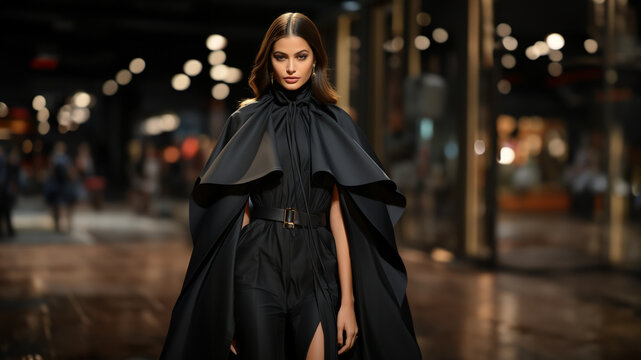 Super Fashion Model Frau in grandioser schwarzer Designer Kleidung am Laufsteg im Querformat als Banner, ai generativ