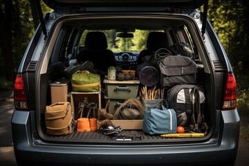 Open car trunk with suitcases and things, outdoor recreation, camping, travel concept - obrazy, fototapety, plakaty