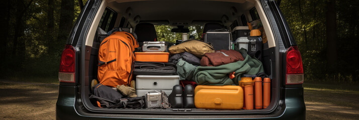Open car trunk with suitcases and things, outdoor recreation, camping, travel concept - obrazy, fototapety, plakaty