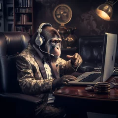Tuinposter monkey in a suit playing games on a laptop © Stefan