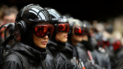 Frauen in der Zukunft bei der Armee mit Cyperspace Brillen und Anzug im Querformat für Banner, ai generativ