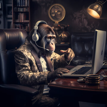 monkey in a suit playing games on a laptop
