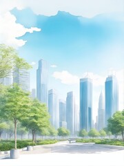 Beautiful park in the modern city. AI generated illustration